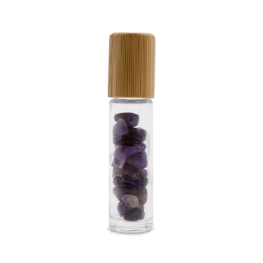 Gemstone Essential Oil Roller Bottle - Amethyst - Wooden Cap
