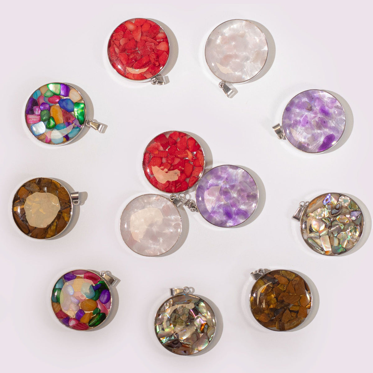 Steel Cased Pendant Round - 12 Assorted Gemstone Chips & Shells