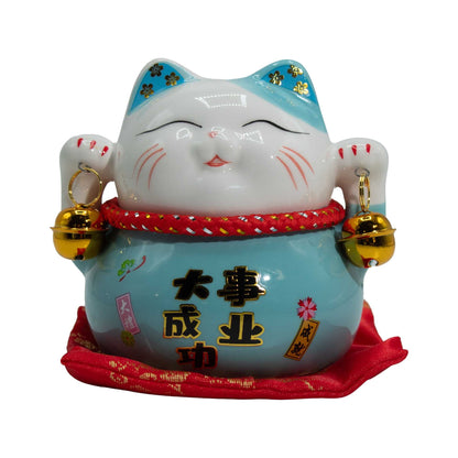 Ceramic Money Cat Bank - Blue on Cushion