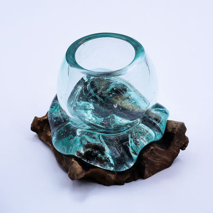 Molten Glass Mini Goldfish Bowl on Wood 20cm