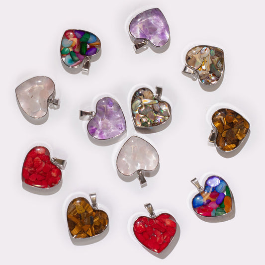 Steel Cased Pendant Hearts - 12 Assorted Gemstone Chips & Shells