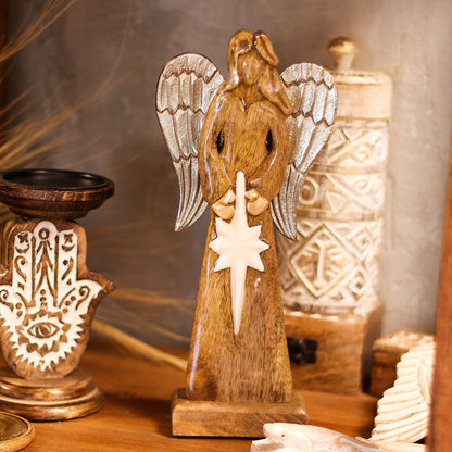 Large Mango Wood Peace Angel Metal Wings & Enamel Detail