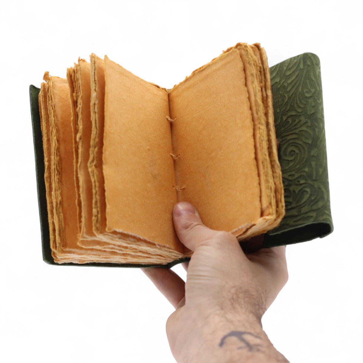 Fat Deckled Leather Notebook – Green Maze Pattern – 12.7×8.9 cm