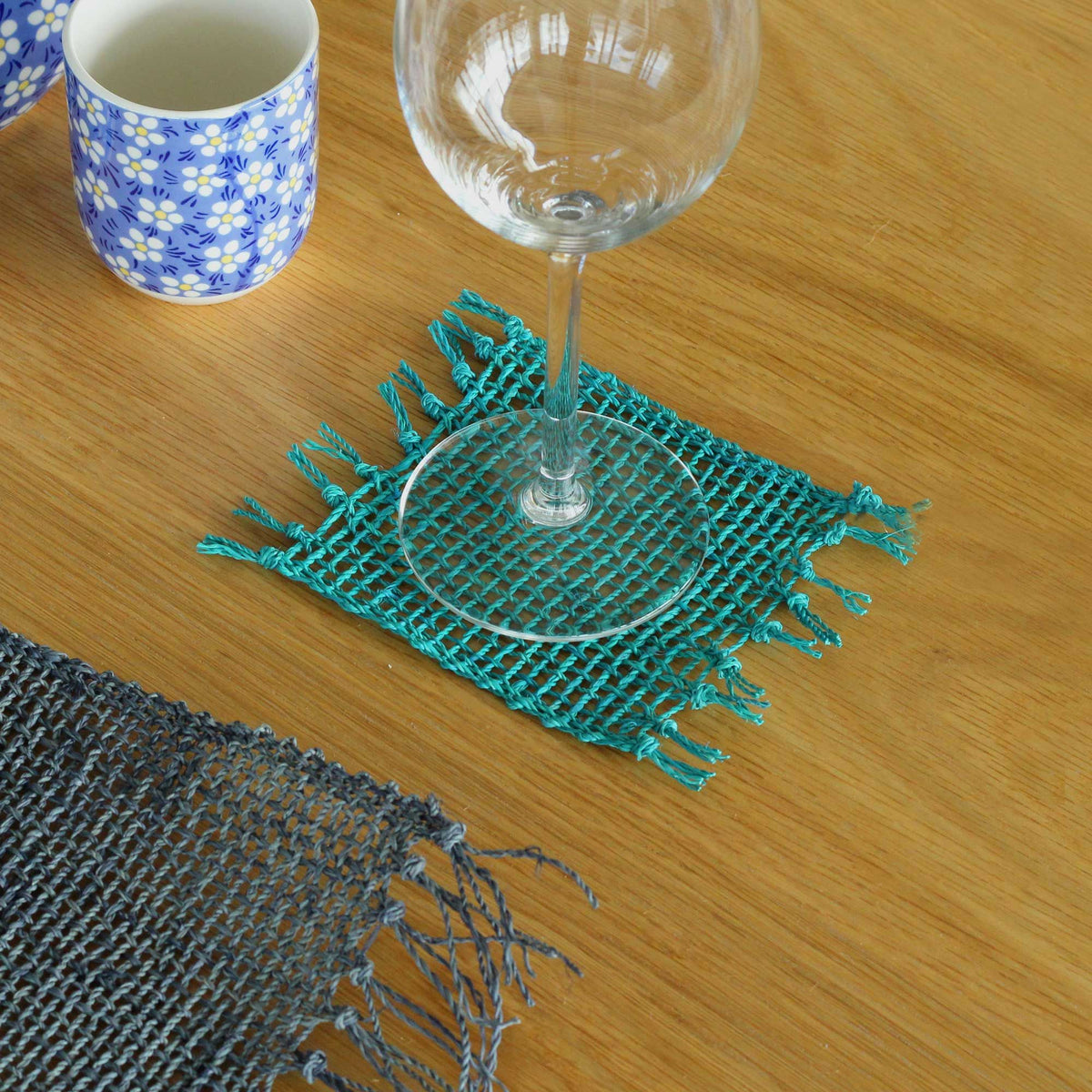 Set of 4 Seagrass Fringe Natural Coasters - Turquoise