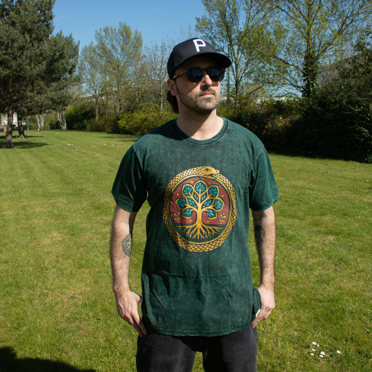 Nomad Sari Stonewashed Cotton T-Shirt - Tree of Life - Green - Large