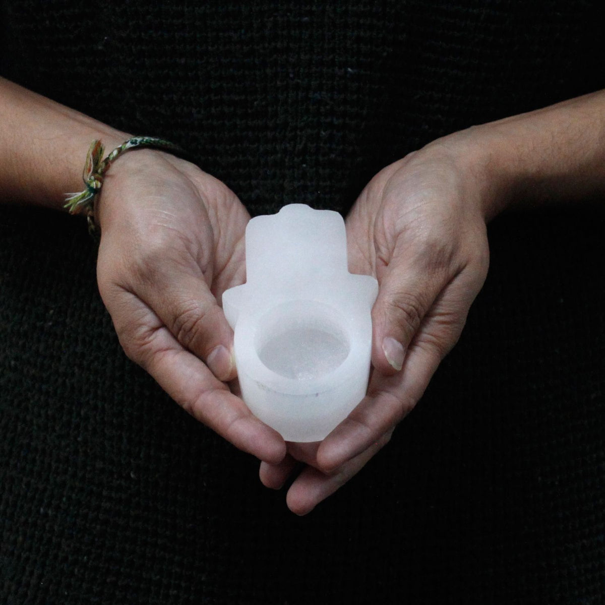 Selenite Hamsa Candle Holder 
