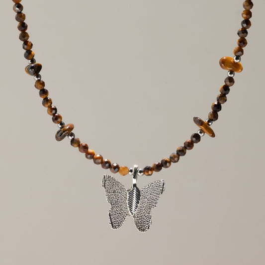 Nymph Tiger's Eye Gemstone Necklace with Real Leaf Butterfly Pendant
