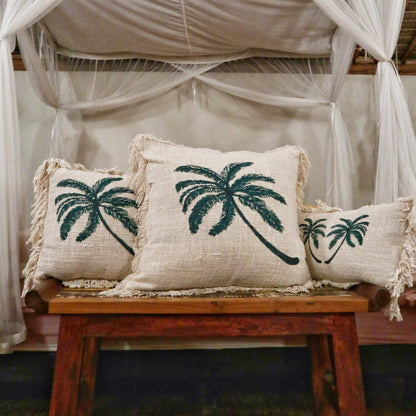 Linen Cushion Cover 30x50cm Palm Tree with Fringe