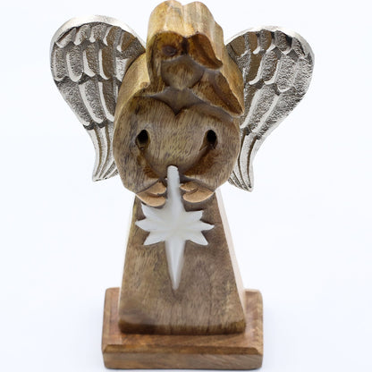 Large Mango Wood Peace Angel Metal Wings & Enamel Detail