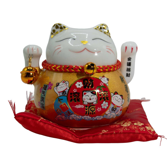 Ceramic Money Cat Moving Hand  - Gold on Cushion