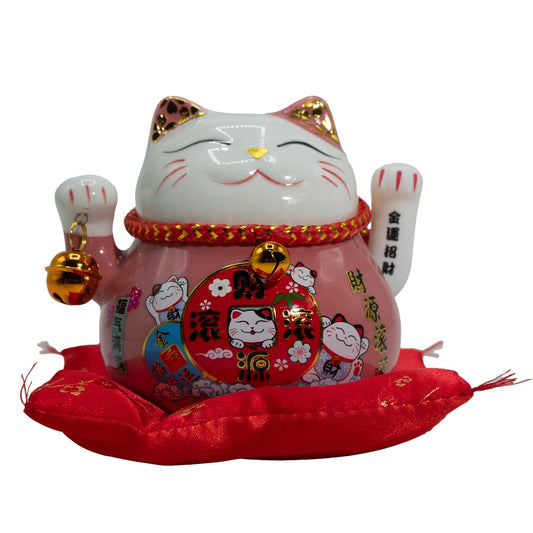 Ceramic Money Cat Moving Hand  - Pink on Cushion