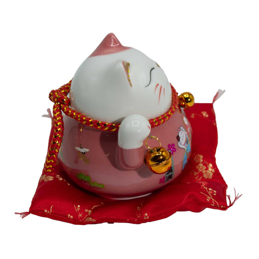 Ceramic Money Cat Moving Hand  - Pink on Cushion