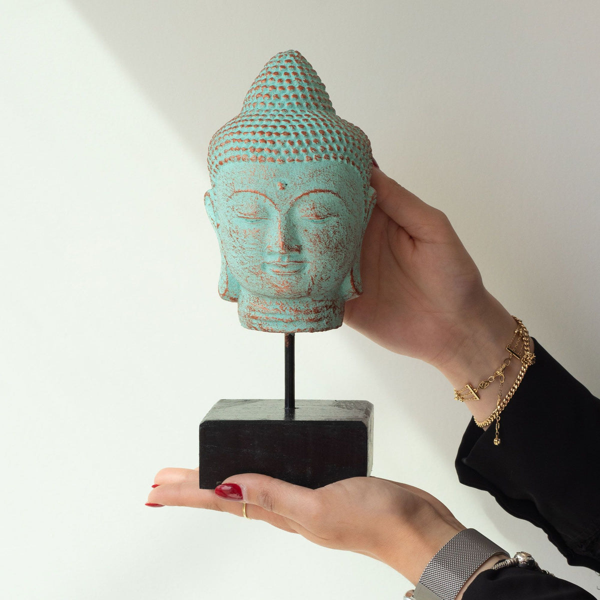 Stillness Buddha Head on Stand - Green Copper